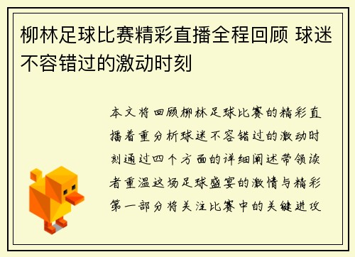 柳林足球比赛精彩直播全程回顾 球迷不容错过的激动时刻